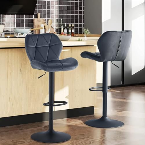 LEMROE Samt-Barhocker, 2 Stück, drehbar, verstellbar, Barhocker für Frühstück, Barhocker mit Rückenlehne und Fußstütze, schwarzer Boden, Barhocker für Zuhause, Küche, Theke (Samt, Grau)