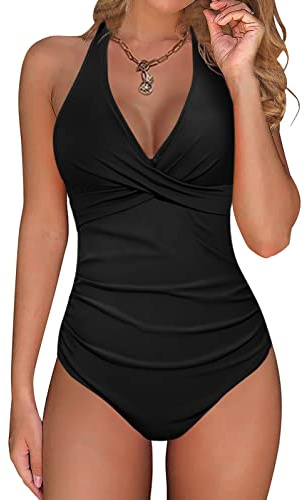 Voqeen Femme Maillot de Bain Une pièce Dos Nu Col en V Elègant Push Up Maillot de Bain froncé Taille Haute Amincissant Swimsuit