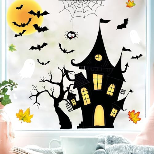 Wandtattoo Loft Fensterbild Halloween Haus Gruselhaus Spinnennetz Fledermäuse Gespenster Fensterdeko Kinderzimmer Fensterfolie, A2 Bogen