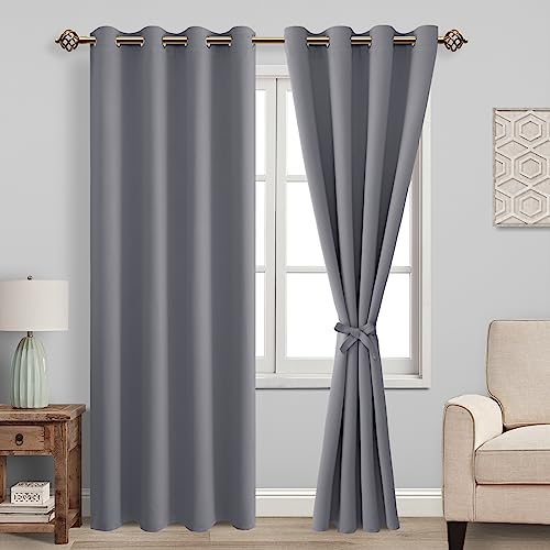 JIUZHEN Verdunklungsvorhänge mit Raffhalter Grau Vorhang Blickdicht Gardinen Kurz Ösenvorhang für Schlafzimmer Thermovorhang Wohnzimmer, 2 Stück, 160x132cm(HxB)