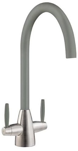 Liquida LB01GR Swan Neck Twin Lever Brushed Steel and Grey Kitchen Tap