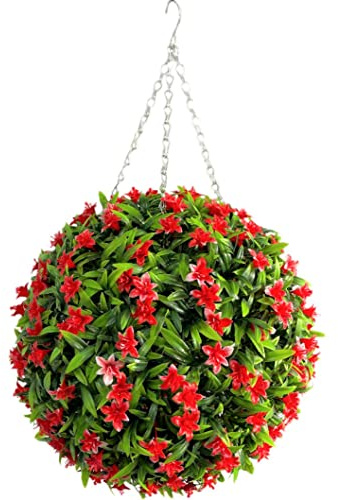 Best Artificial 38cm Lily Topiary Hanging Flower Ball **UV Fade Protected** (Red)