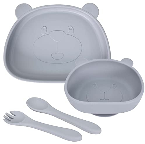 Juego de Vajilla Bebe Silicona, Cuenco con Ventosa Bebe, Platos Antideslizantes Bebe, Oso Gris, con Cuchara y Tenedor, Juego de 4 Piezas de Vajilla para Niños y Niñas