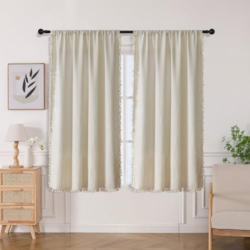 Joydeco Beige Boho-Vorhänge, 160 cm Länge, 2 Paneele, superweich, böhmische Bauernhaus-Vorhänge mit Quasten, halbtransparente Lichtfiltervorhänge für Schlafzimmer, Wohnzimmer (Stangentasche, 132 x 160