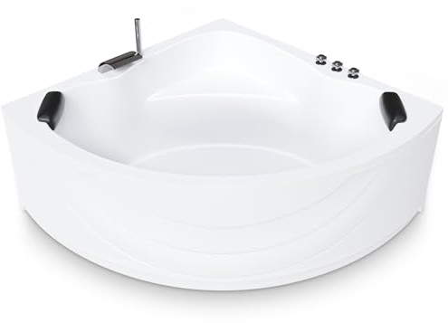 AQUADE Acryl Eckbadewanne 140x140 Modell: Kassel - Weiß Badewanne Komplettset 140x140 - Badewannen mit Wannenfüßen + Schürze + Wannenrandarmatur + Nackenkissen