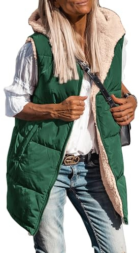 PRETTYGARDEN Womens 2025 Fall Reversible Long Vests Sleeveless Fleece Jacket Zip Up Hoodie Pockets Warm Coat Winter Clothing (Dark Green,Medium)