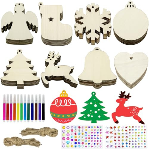 Apragaz 80 Pcs Wooden Christmas Hanging Ornaments, 8 Shapes Unfinished Wooden Tree Decorations with Pens, Gem & Star Stickers, Wood Baubles Christmas Decorations for Xmas DIY Crafts