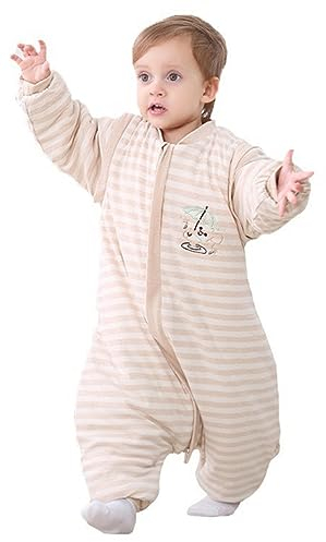 Chilsuessy Baby Schlafsack mit Beinen und abnehmbaren Ärmeln Kleine Kinder Strampler Schlafanzug Winter Babyschlafsack mit Füßen Bio Buamwolle, Streifen/3.5 Tog, 70cm/Baby Höhe 75-85cm