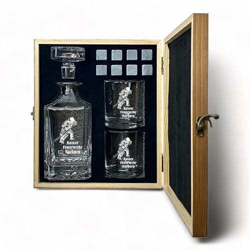 Whisky Set Feuerwehr Gravur und Wunschtext Karaffe 700 ml und Gläser personalisiert Holzbox Geschenk (Motiv 4: Feuerwehrmann mit Schlauch, Karaffe + 4 Gläser)