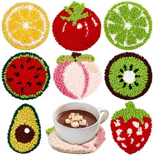 Preboun 8-teiliges Obst-Stanznadel-Untersetzer-Set, Stanznadel-Stickerei-Set für Erwachsene und Anfänger, Bastelbedarf, getuftete Untersetzer, einschließlich Garn, Creolen-Werkzeuge