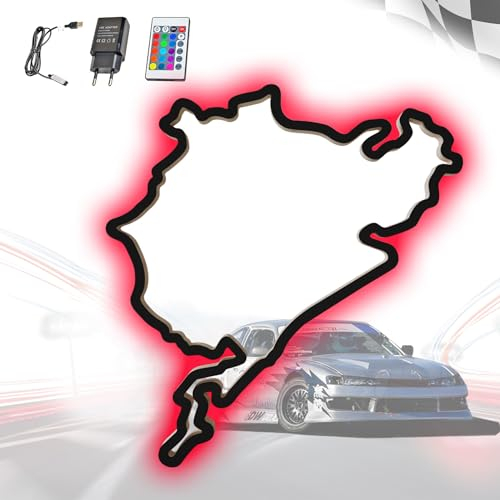 Holzskulptur Deko mit LED – Rennstrecke Nürburgring, 3D Nachtlicht, 92 cm, Geschenk, Wanddekoration für Fans von Autorennen, Geschenk für Sammler, schwarz