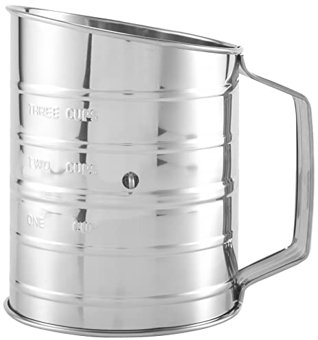 Bruafsir 3 Cup Stainless Steel Flour Sifter - Fine Mesh Rotary Hand Crank Flour Sifter with Agitator Wire Loop for Baking Cakes