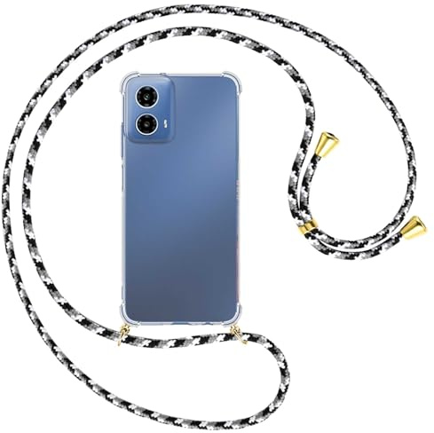 mtb more energy® Handykette kompatibel mit Motorola Moto G34 5G - schwarz/grau/weiß/Metallteile: Gold - Smartphone Hülle zum Umhängen - TPU Case
