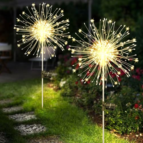 Kimuwote 2 Stück Solarstecker Gartenleuchten 150 LED Solar Gartenleuchten für Außen 8 Modi Solarleuchten Wetterfest Feuerwerk Pusteblume Solarlampen für Außen Garten Wege Rasen Balkon Deko (Warmweiß)