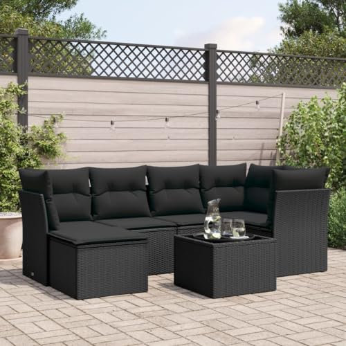 ULUYYUC 7-TLG. Garten-Sofagarnitur, Schlafsessel Mit Bettfunktion Eckbankgruppe Küchensofa Balkonmöbel Geeignet für Außenbereich Balkon Garten Hinterhof mit Kissen Schwarz Poly Rattan