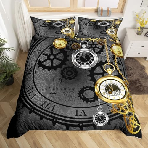 Homewish Steampunk Gold Uhr Bettwäsche Set für Kinder Mädchen Jungen Schmuck Uhr Gears Tröster Abdeckung,Mechanische Dekor Taschenuhr Bettbezug Retro Grau Textur Bettwäsche Abdeckung 155x220