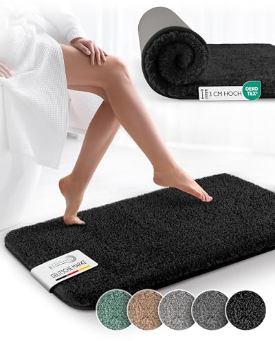 Beautissu Badematte rutschfest 120x70 cm – Duschvorleger Hochflor Badteppich rutschfest Waschbar Shaggy Optik – Flauschig Badvorleger Badezimmerteppich Groß – Badematte Schwarz BeauMare FL