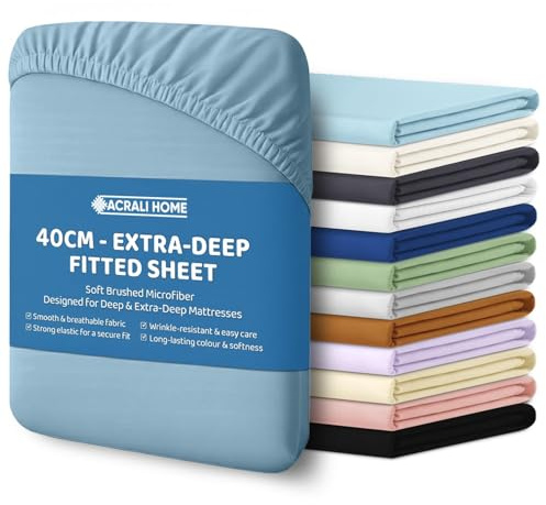 ACRALI HOME Premium Microfiber Super King Fitted Sheet 40cm Extra Deep Fit Pocket - Breathable, Soft & Easy Care, Sky Blue Bed Sheet - Wrinkle Free & Fade Resistant (200x180cm)
