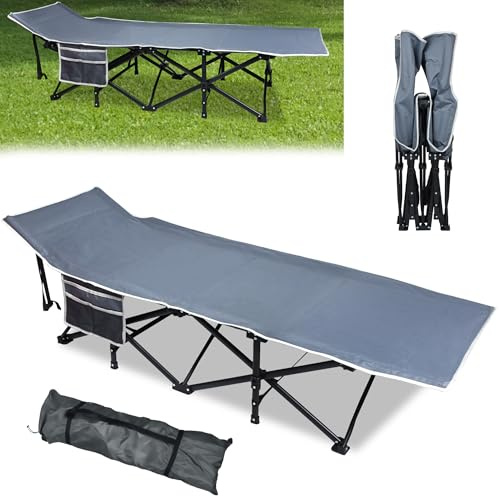 Suusolny Grau Klappbar Feldbett Campingbett Campingliege Faltbar mit Seitentasche und Transporttasche bis 250kg Camping Reisen Bett Gästebett für Camping, Indoor Outdoor 190x62x38cm