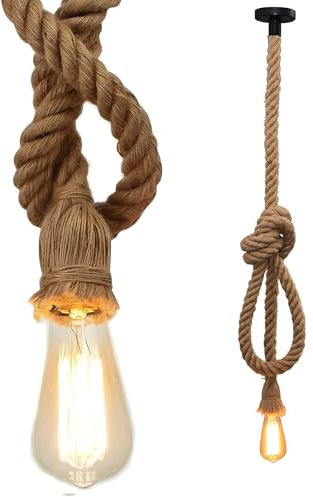 OXTXO Industrial Vintage Hemp Rope Pendant Light, Ceiling Pendant with E27 Lamp Holder, 1 Meter Long Hanging Light, Ideal for Restaurant, Bar, Café, Bedroom, Loft, Window Display, Bulb not Included