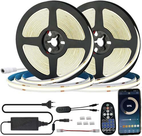 FOLGEMIR 10m (2x 5m) COB LED Streifen Warmweiß 3000K, Dimmbar 8mm Strip, Bluetooth APP kontrolliert, selbstklebend, Flexibel Lichtleiste mit 12V Netzteil & RF Fernbedienung
