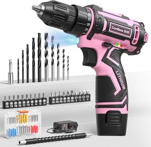 Pink Cordless Drill Set, Electric Power Drill for Women, Lightweight Electric Screwdriver Driver with Battery & Charger, 3/8 Keyless Chuck, Womens Tool Kit for Home DIY Projects