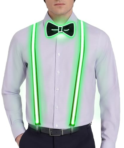 LED Hosenträger mit Fliege, 2 Stück Grün Leuchtende Herren LED Hosenträger und Fliege, Perfekt für Weihnachten, Halloween, Karneval, Maskerade