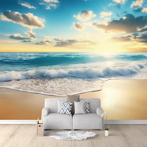 Mer Plage Ciel Bleu Papier Peint Panoramique Bleu Peinture Murale Papier Peint 3D Fresque Salon Chambre, 200x140 cm
