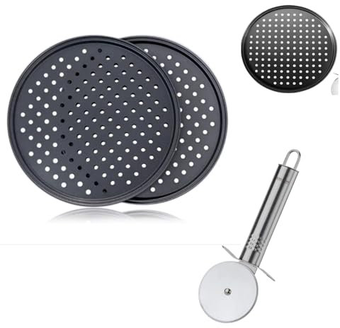 LNL Imnova – PACK 2 Base de Pizza de Acero Antiadherente - Bandeja Horno - Bandeja Pizza Horno - Plato Base Pizza - Bandejas Horno - Contenido (2 Bases y Cortador Pizza Profesional)