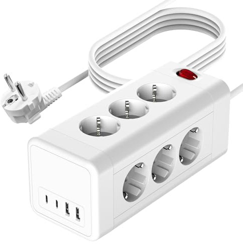Steckdosenleiste mit 4 USB, Mehrfachsteckdose mit 2 USB C, Verteilersteckdose Wandmontage, Steckerleiste mit Schalter, 12 Fach Power Strip, Mehrfachsteckdosen mit 2M Kabel - Weiß