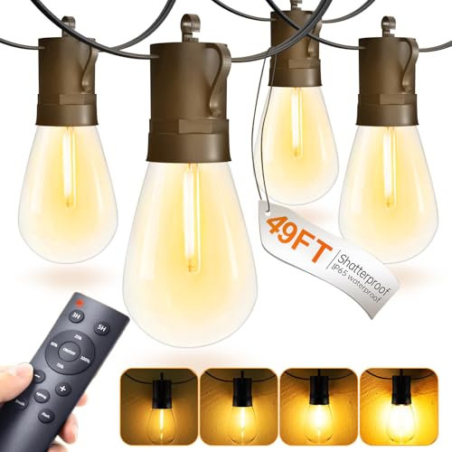 Spacelumen 15M LED Outdoor Festoon Lights Patio Dimmable Hanging Light with Remote, Waterproof Shatterproof Edison Bulbs, 3 Modes Outside Lighting Connectable for Graden Porch Backyard Balcony Deck