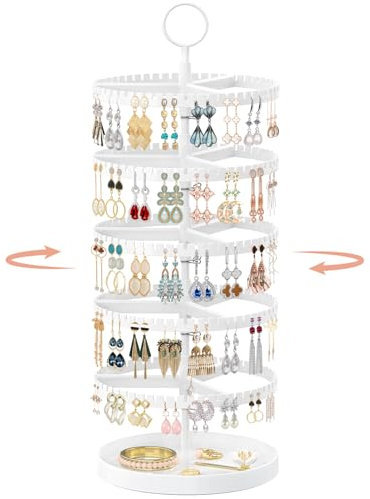 iDavosic.ly Organiseur rotatif à 5 niveaux pour boucles d'oreilles avec plateau en métal, présentoir réglable en plastique avec 285 rainures, grande tour de rangement pour cerceaux, Blanc