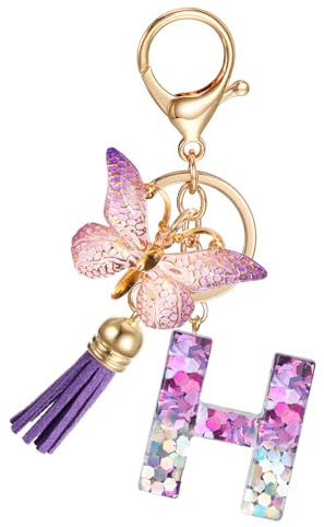 JSRQT Schlüsselanhänger mit Anfangsbuchstaben H, Schlüsselanhänger mit Harz Buchstaben Lila für Frauen Mädchen, Schmetterlings Quasten Anhänger Initial Letter Keyrings für Handtasche Rucksäcke