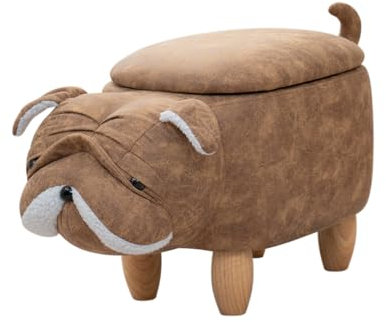 SVITA Tierhocker mit Stauraum Kinderhocker Ordnungshelfer Sitzhocker Polster mit Holzbeinen Kinderzimmer Deko Sitzbox Tier-Motiv Mops Hellbraun