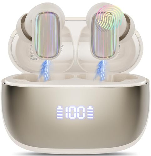 Cuffie Bluetooth 5.4, 2025 Mini Auricolari Bluetooth in Ear con ENC Mic, 40 Ore Mini Cuffie Wireless In Ear Stereo, IP7 Impermeabile Cuffiette Wirelesss, Cuffie Senza fili per iOS Android Beige