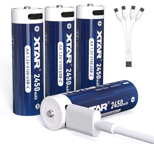 XTAR 1.5V AA Rechargeable Batteries with USB-C, 4100mWh 2450mAh, 4-Pack - Fast Charging, Overcharge Protection Ideal Replacement for Disposable & Ni-MH AA Batteries