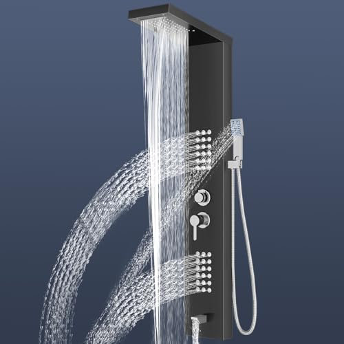 Stainless Steel Shower Panel,5 in 1 Function Column,Manually Controlled Thermostatic Shower Panel Column Tower with Waterfall Rainfall Shower, Massage Jets, Hand Shower, Tub Spout