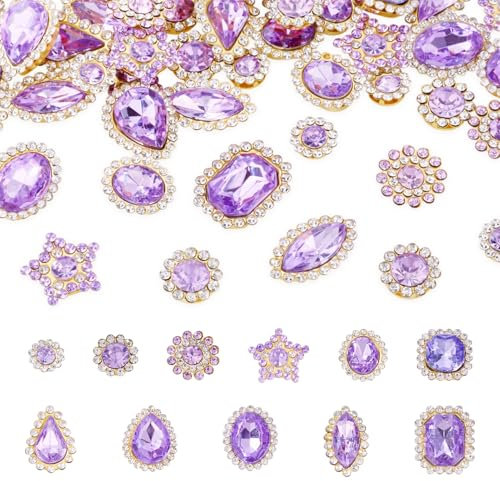 Spritewelry 100 Pcs Sew on Rhinestones Mixed Shapes Acrylic Lilac Rhinestones Sew on Crystal Gems Metal Flatback with Gold Claw for Jewelry Making Garments Sewing Wedding Decor