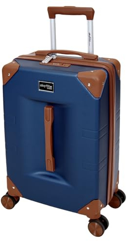 SKYFLITE Retro Trunk Suitcase, 55cm Cabin Size, TSA Lock, 33L Capacity, Black/Ivory/Blue (Blue)