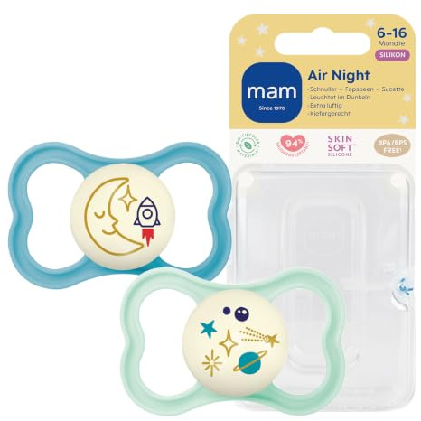 MAM Air Night Schnuller, 6-16 Monate, Mond/Universum, 2 Stück | Hautfreundlicher Babyschnuller, Leuchtet im Dunkeln, Stillfreundlich, SkinSoft Silikon, Mit Sterilisierbox