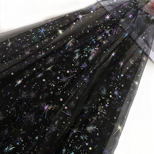 Valicaer 1,5 x 2 m schwarzer Glitzer-Stern-Tüllstoff, glänzendes Polyester, durchscheinendes Material für Bühnenkostüme, Bastelarbeiten, Hochzeitsdekoration, Geburtstagsparty-Dekoration