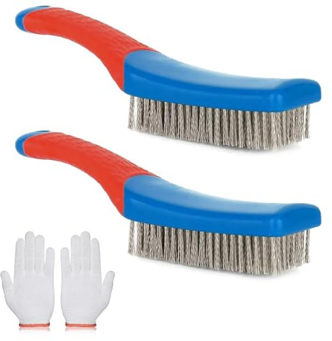 2pcs Stainless Steel Wire Brushes Set with White Work Gloves - Heavy Duty Wire Brushes for Cleaning Rust/Paint Removal, BBQ Grill/Kitchen Metal Brush with Handle