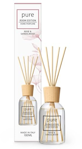 PURE ROOM EDITION 100ml Rose & Sandelholz Raumduft | natürliche Inhaltsstoffe, vegan & tierversuchsfrei, Bio-Alkohol, Diffuser mit Stäbchen hergestellt in Italien