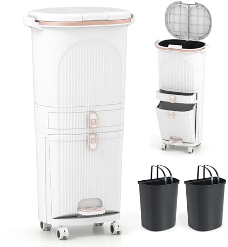 COSTWAY Recycling Bins, 38L/42L/43L Dry and Wet Separation Trash Can with 3 Compartments, Wheels, Stickers & Handle, Vertical Waste Separation System Pedal Garbage Can (White, 42L, 2 Lids, 1 Drawer)