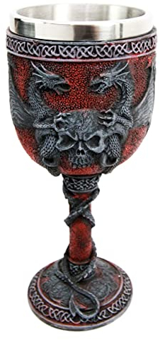 Atlantic Collectibles Dual Twin Dragon Guarding Skull Crest 7H Wine Goblet Cup Chalice