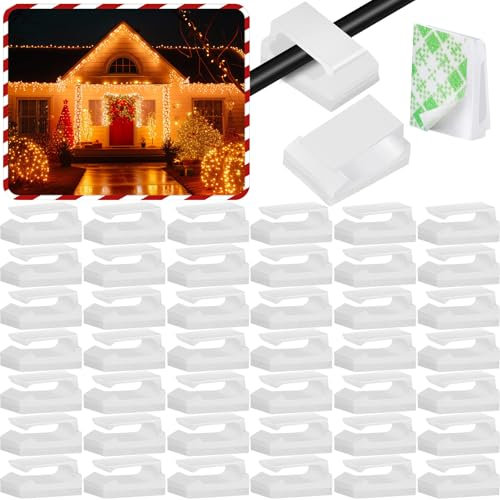 Hicarer 100 Pcs Adhesive Cable Clips Hooks for Outdoor String Lights Clips Wire Clips Cable Management Wire Cord Holder for Hanging Christmas Light Wall Desk Car Home Office (White, Large)