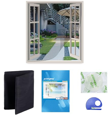 JIT-FUNG Zanzariera per Finestre, Tagliabile alla Misura 130 * 155 cm, Rete a Maglia Fine può Bloccare gli Insetti senza Forare, con Nastro Gancio Autoadesivo e Taglierina (Nero, Set da 1)