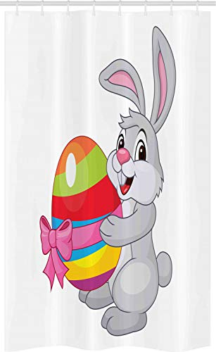 ABAKUHAUS Ostern Schmaler Duschvorhang, Cartoon-Kaninchen, Badezimmer Deko Set aus Stoff mit Haken, 120 x 180 cm, Hellgrau Mehrfarbig