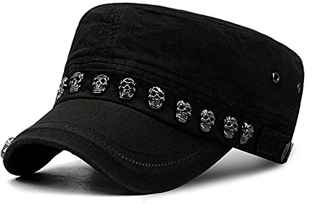 Uteruik Unisex Army Cap Military Hat Skull Nieten Flat Top Baseball Cap (#C)