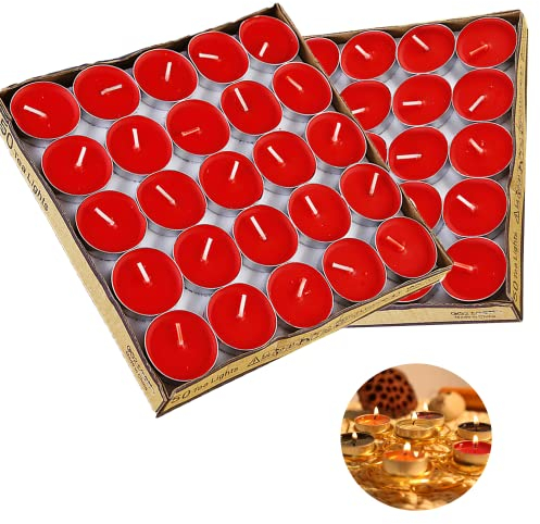 CINY 50 Stück Teelicht Kerzen, kleine Größe 2 Stunden Brenndauer, Runde Paraffin-Kerze, romantische Hochzeit Liebhaber Vorschlag Geständnis Artefakt, rauchlos Tee Wachs, für Haus, Outdoor, Party (rot)